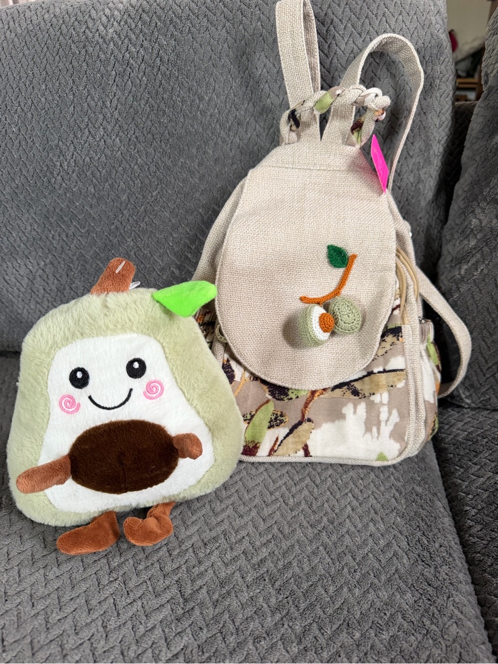 Beige Canvas Kids Backpack with Leaf & Acorn Accent
